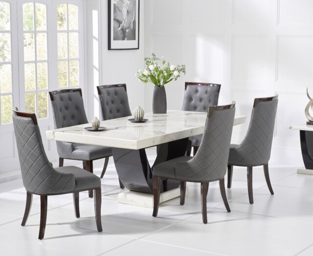 Novara 170cm White and Black Pedestal Marble Dining Table with 4 Grey Francesca Chairs