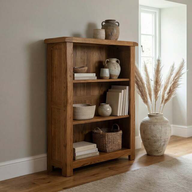 Rustic Solid Oak Small Bookcase - 3 Adjustable Shelves