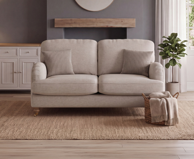 Chilworth Natural Fabric 2 Seater Sofa with Grey Cushions