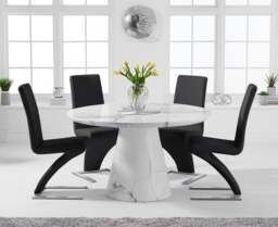 Ravello 130cm Round White Marble Dining Table with 6 Black Aldo Chairs