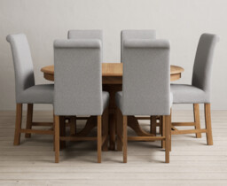 Extending Hertford 100cm - 130cm Solid Oak Pedestal Dining Table with 6 Blue  Chairs