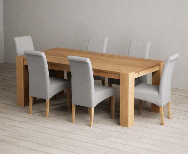 Sheringham 200cm Solid Oak Dining Table with 6 Grey Scroll Back Chairs