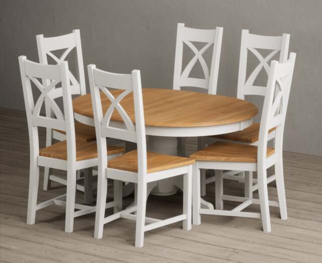 Extending Hertford 100cm - 130cm Oak and Signal White Painted Pedestal Dining Table with 4 Linen Painted Chairs