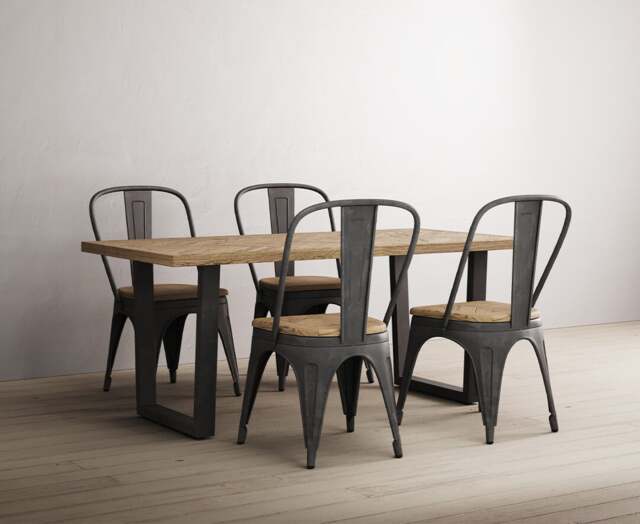 Herringbone 190cm Solid Oak and Metal Dining Table with 4 Oak Herringbone Chairs