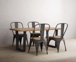 Herringbone 190cm Solid Oak and Metal Dining Table with 4 Oak Herringbone Chairs