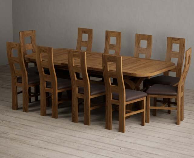Extending Olympia 180cm Rustic Solid Oak Dining Table with 10 Brown Rustic Solid Oak Chairs