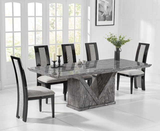 Milan 180cm Grey Marble Dining Table with 6 Black Novara Chairs
