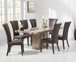 Carvelle 200cm Brown Pedestal Marble Dining Table with 10 Cream Lorient Chairs