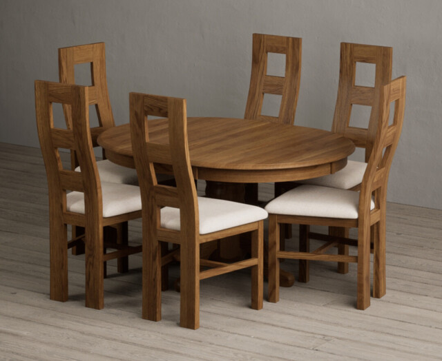 Extending Hertford 100cm - 130cm Rustic Oak Pedestal Dining Table with 6 Linen Rustic Solid Oak Chairs