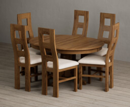 Extending Hertford 100cm - 130cm Rustic Oak Pedestal Dining Table with 6 Linen Rustic Solid Oak Chairs