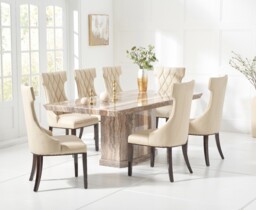 Carvelle 160cm Brown Pedestal Marble Dining Table with 4 Grey Sophia Chairs
