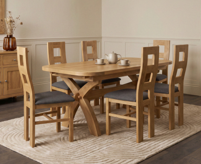 Extending Olympia 180cm Solid Oak Dining Table with 6 Charcoal Grey Natural Chairs