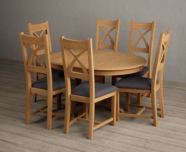 Extending Hertford 100cm - 130cm Solid Oak Pedestal Dining Table with 6 Charcoal Grey Natural Solid Oak Chairs