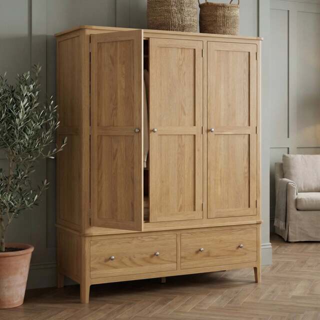 Solid Oak Triple Wardrobe with Hanging & Shelves