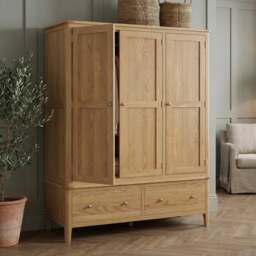 Solid Oak Triple Wardrobe with Hanging & Shelves