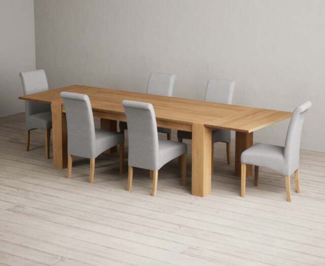Extending Sheringham 200cm Solid Oak Table with 6 Grey Scroll Back Chairs
