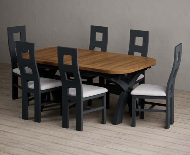 Extending Olympia 180cm Oak and Dark Blue Painted Dining Table with 6 Brown Painted Chairs