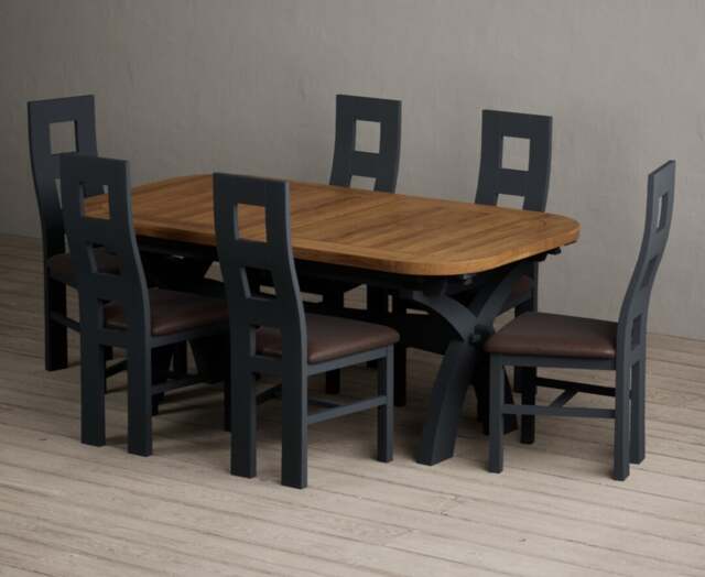 Extending Olympia 180cm Oak and Dark Blue Dining Table with 6 Brown Painted Chairs