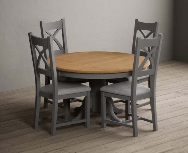 Hertford 120cm Fixed Top Oak and Light Grey Painted Dining Table with 4 Light Grey Painted Chairs
