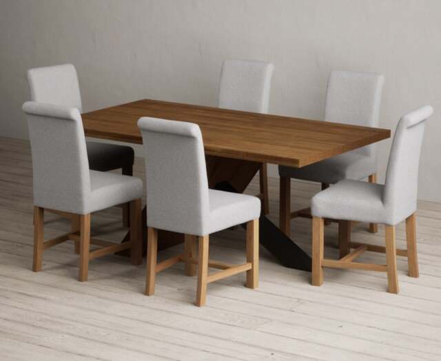 Michigan 180cm Rustic Oak and Metal Black Leg Industrial Dining Table with 6 Grey Braced Chairs