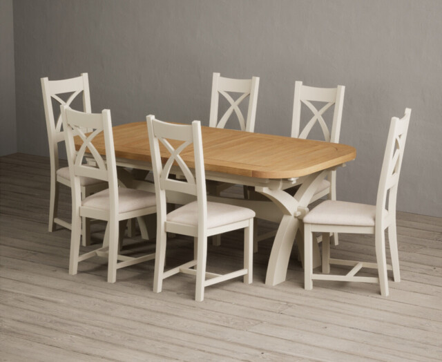 Extending Olympia 180cm Oak and Cream Painted Dining Table with 6 Linen Painted Chairs