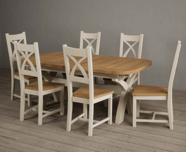 Extending Olympia 180cm Oak and Cream Painted Dining Table with 6 Linen Painted Chairs
