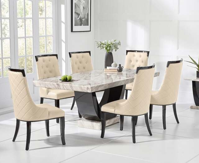 Novara 170cm Cream and Black Pedestal Marble Dining Table with 4 Cream Francesca Chairs