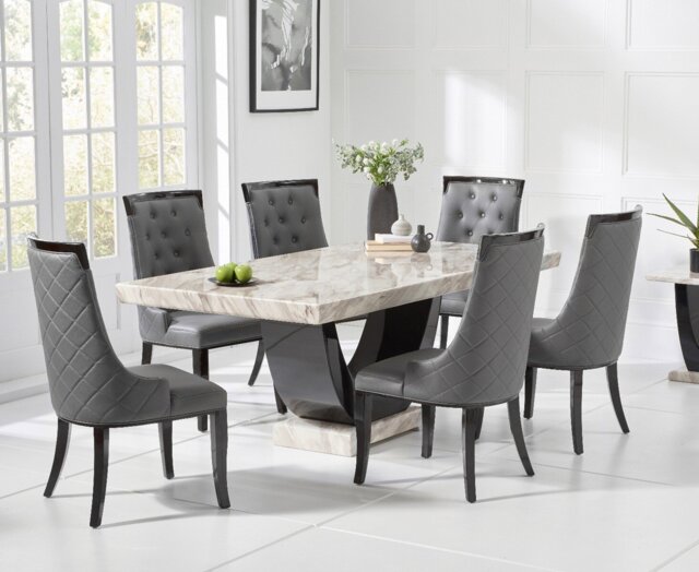 Novara 170cm Cream and Black Pedestal Marble Dining Table with 4 Cream Francesca Chairs