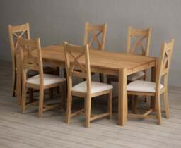 Thetford 180cm Solid Oak Dining Table with 6 Linen Natural Solid Oak Chairs