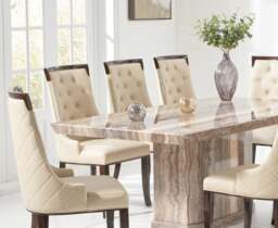 Carvelle 200cm Brown Pedestal Marble Dining Table with 10 Cream Francesca Chairs