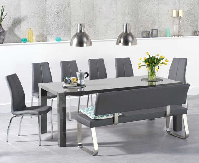 Seattle 200cm Dark Grey High Gloss Dining Table with 2 Grey Marco Chairs with 1 Grey Bench