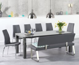 Seattle 200cm Dark Grey High Gloss Dining Table with 2 Grey Marco Chairs and 1 Grey Bench