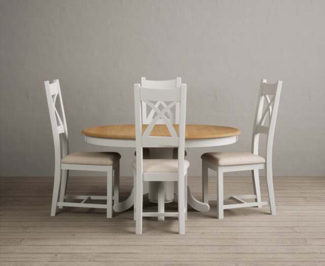 Extending Hertford 100cm - 130cm Oak and Signal White Painted Pedestal Dining Table with 4 Linen Painted Chairs