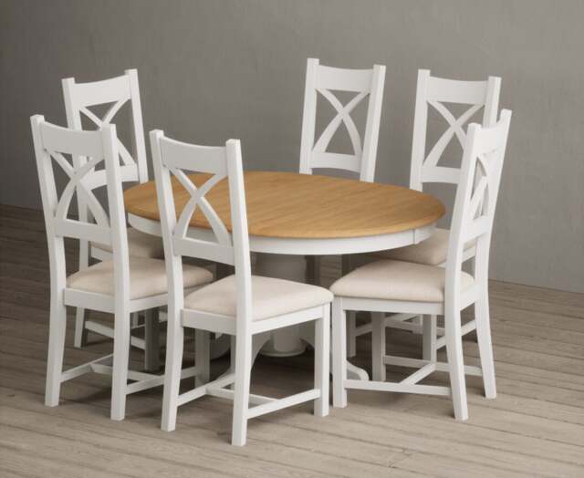 Extending Hertford 100cm - 130cm Oak and Signal White Painted Pedestal Dining Table with 4 Linen Painted Chairs