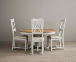Extending Hertford 100cm - 130cm Oak and Signal White Painted Pedestal Dining Table with 4 Linen Painted Chairs