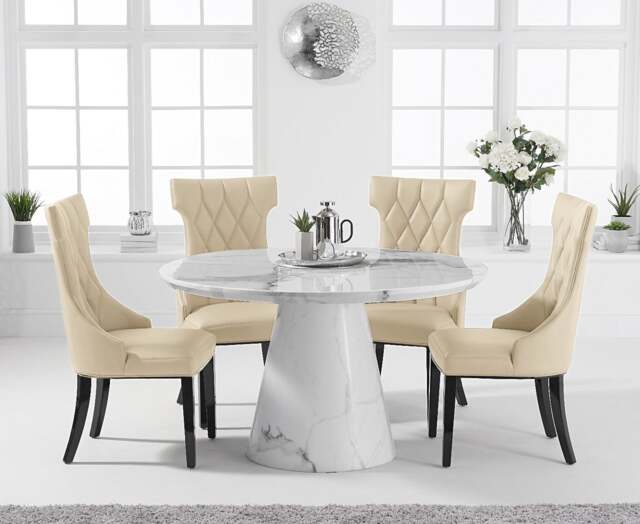 Ravello 130cm Round White Marble Dining Table with 4 Cream Sophia Chairs
