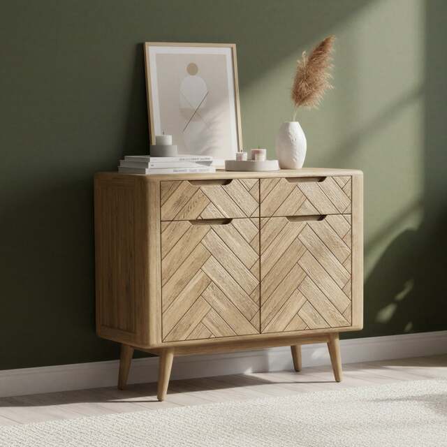 Solid Oak Small Sideboard - Herringbone Detail