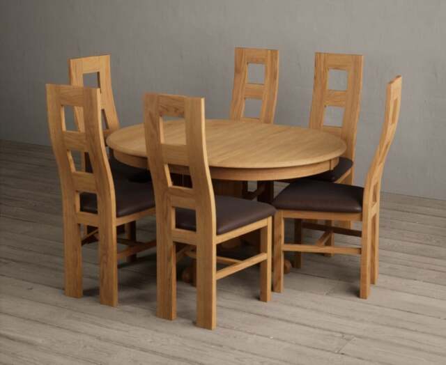 Extending Hertford 100cm - 130cm Solid Oak Pedestal Dining Table with 6 Brown Natural Chairs