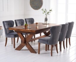 Extending Buckley 200cm Dark Oak Dining Table with 6 Grey Keswick Chairs