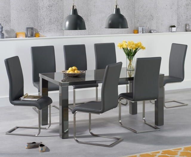 Seattle 160cm Dark Grey High Gloss Dining Table with 4 Black Austin Chairs