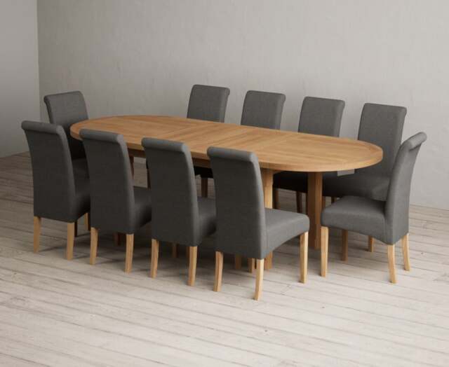 Extending Caversham Oak Oval Dining Table with 10 Charcoal Grey Scroll Back Chairs