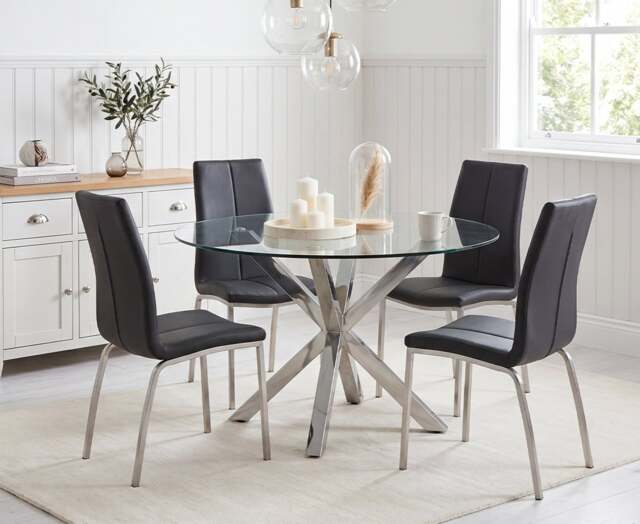 Rodin Round Glass Dining Table with 4 Black Marco Chairs