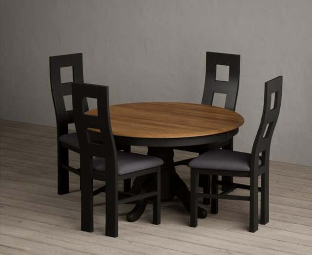 Hertford 120cm Fixed Top Oak and Black Painted Dining Table with 4 Charcoal Grey Painted Chairs