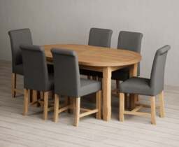 Extending Caversham Oak Oval Dining Table with 6 Charcoal Grey Braced Chairs
