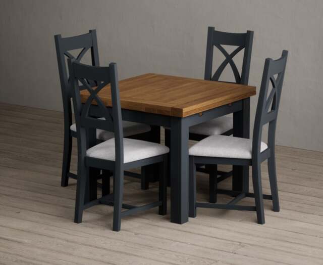Extending Buxton 90cm Oak and Dark Blue Dining Table with 4 Light Grey Painted Chairs