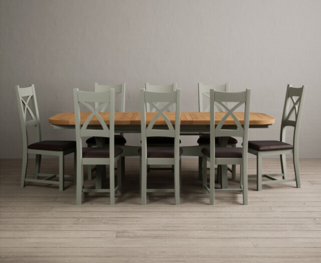 Extending Olympia 180cm Oak and Soft Green Dining Table with 8 Brown Painted Chairs