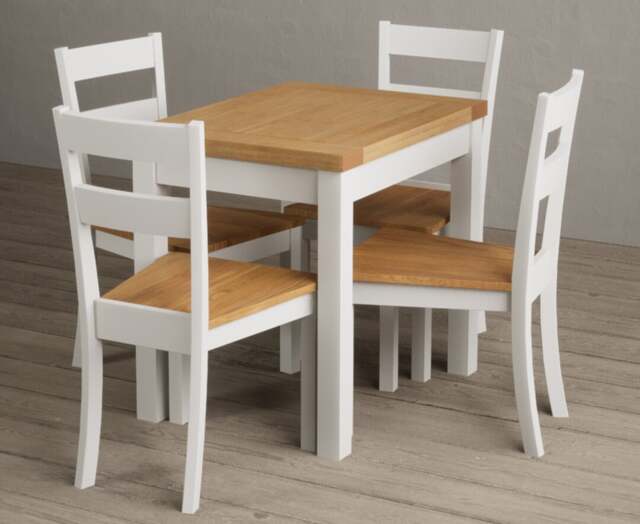 Extending Hadleigh Oak and Signal White Painted Dining Table with 4 Linen Kendal Chairs