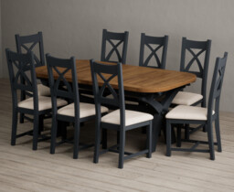 Extending Olympia 180cm Oak and Dark Blue Dining Table with 8 Linen Painted Chairs