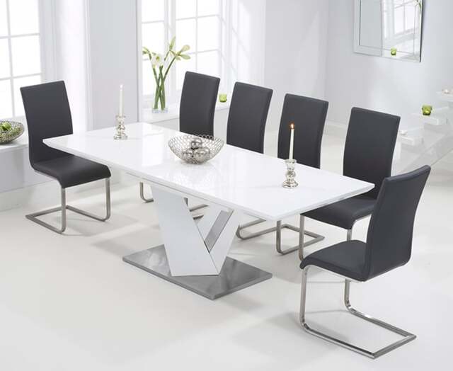 Extending Santino 160cm White High Gloss Dining Table with 6 Grey Austin Chairs