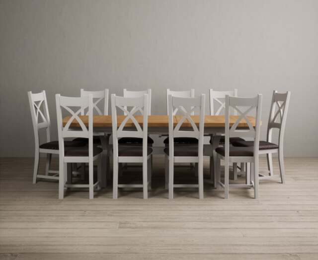 Extending Olympia 180cm Oak and Soft White Painted Dining Table with 10 Brown Painted Chairs